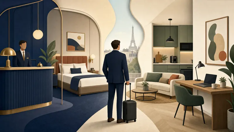 Illustration comparant un hôtel et un appartement pour un déplacement professionnel